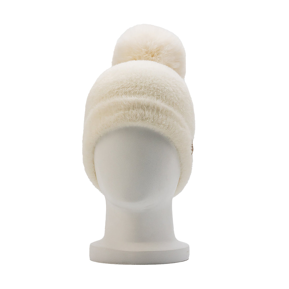 Furry Cuff Pom Pom Beanie Hat in Egret