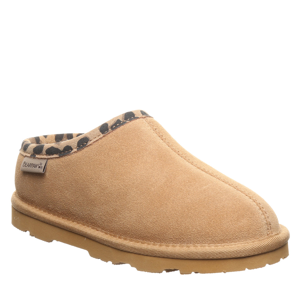 Tabitha Youth Slippers in Iced Coffee With Leopard Trim