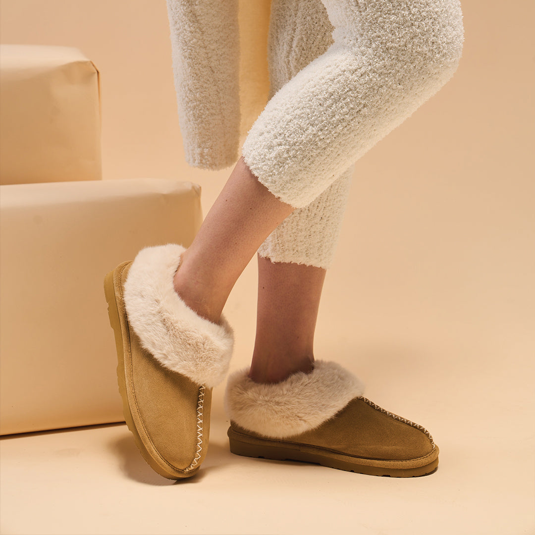 Bella Cozy Suede Slippers in Iced Coffee