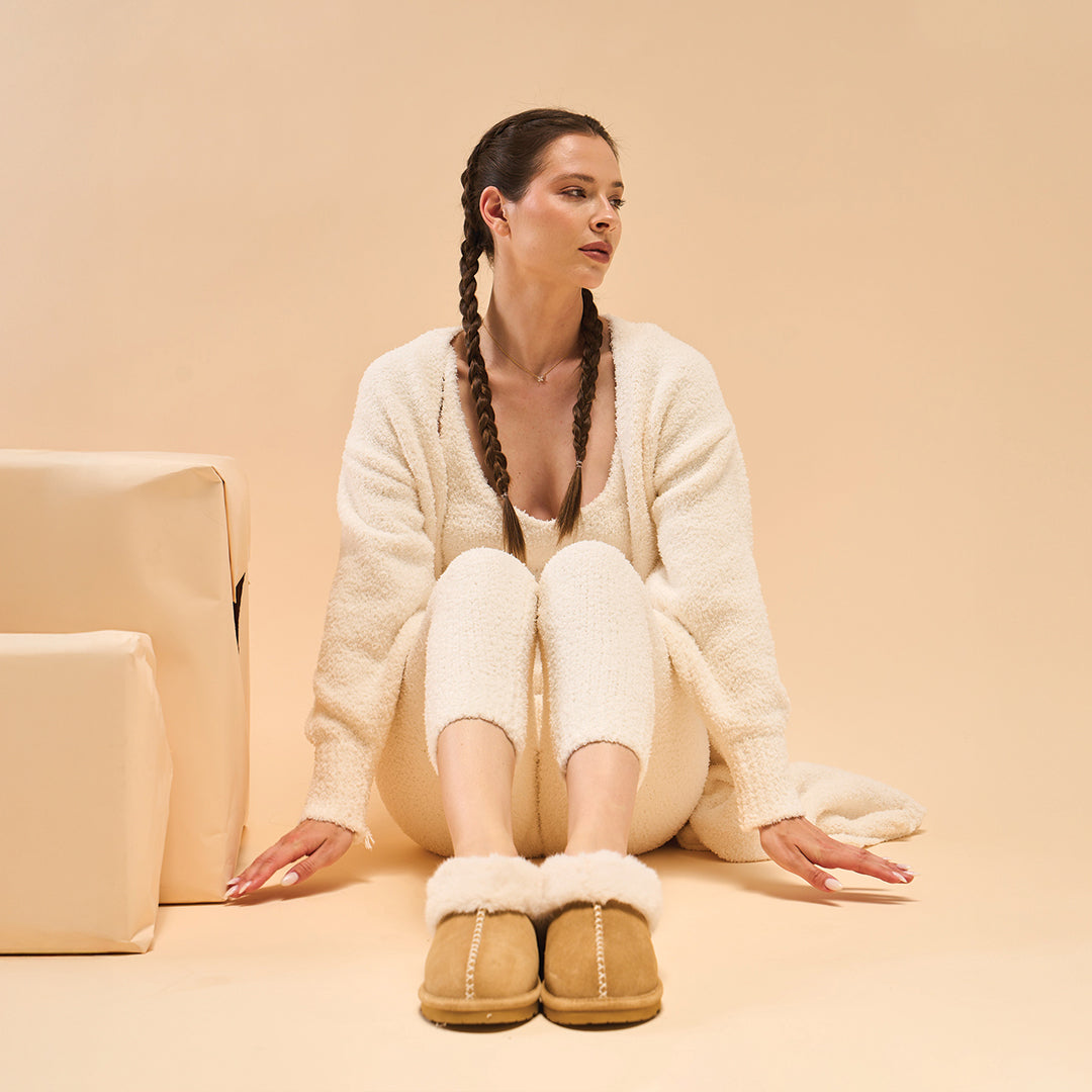 Bella Cozy Suede Slippers in Iced Coffee