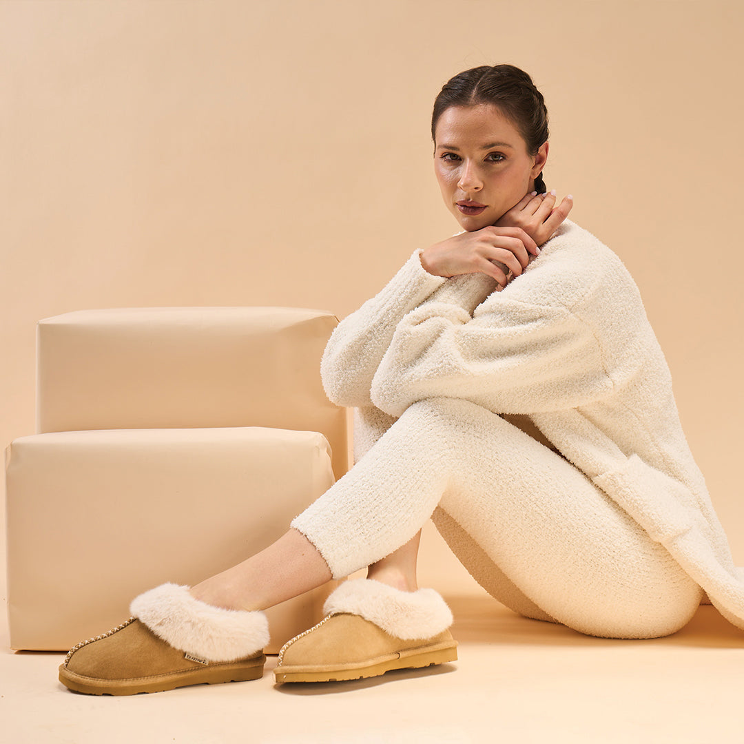 Bella Cozy Suede Slippers in Iced Coffee