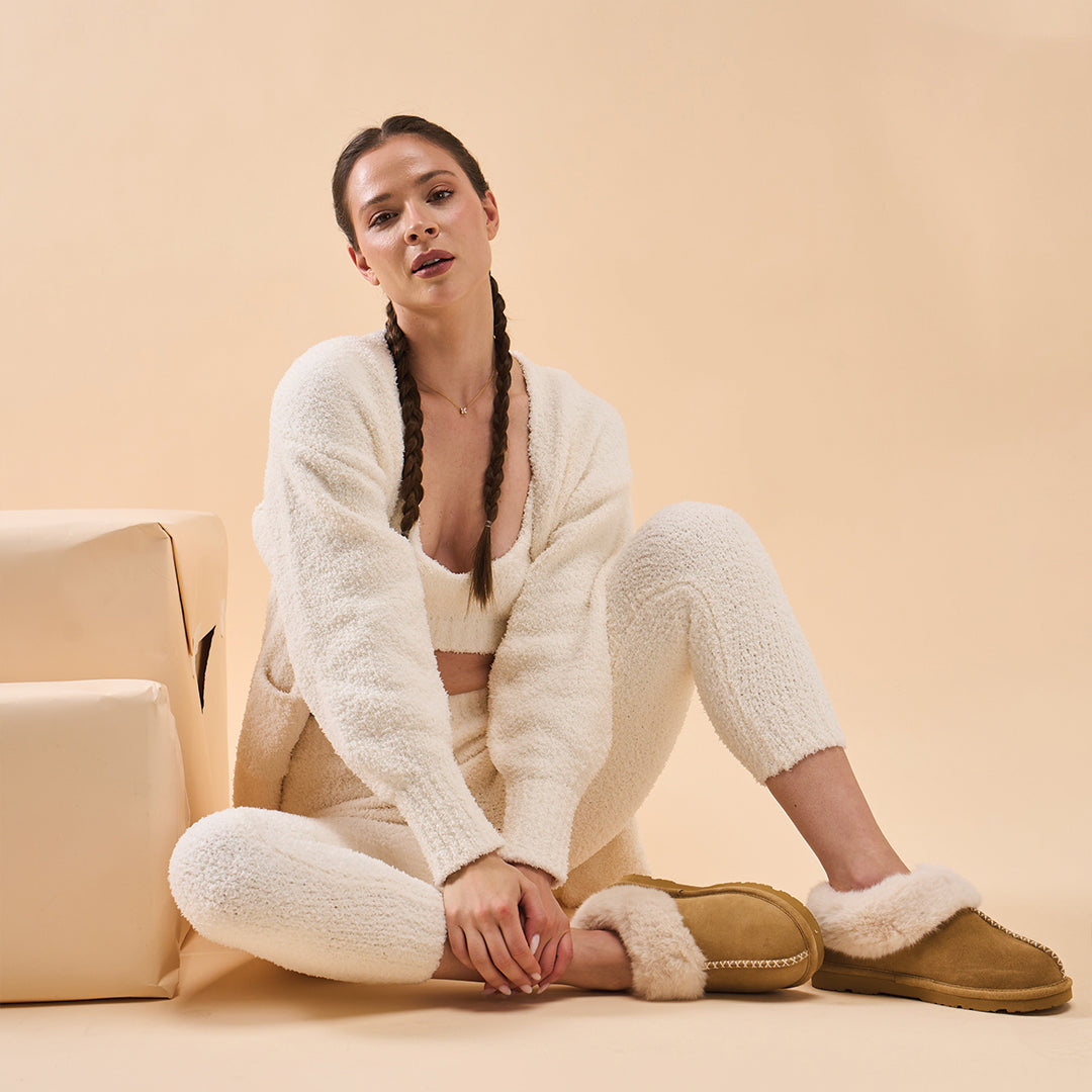 Bella Cozy Suede Slippers in Iced Coffee