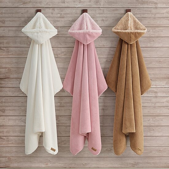 Hooded Sherpa Wearable Throw in Iced Coffee Ivory