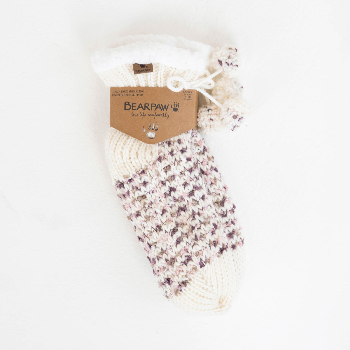 Cable Knit Pom Pom Gripper Slipper Socks in Lotus