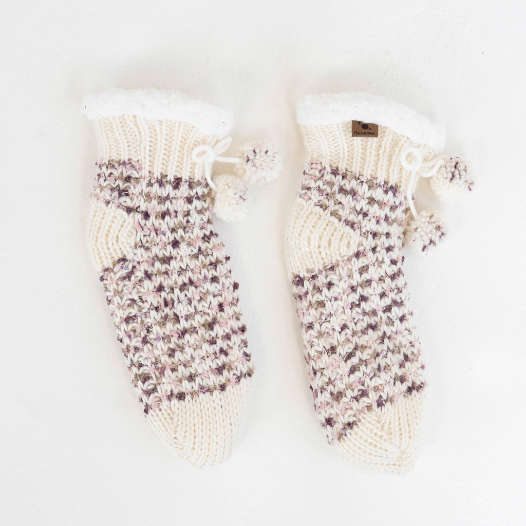 Cable Knit Pom Pom Gripper Slipper Socks in Lotus