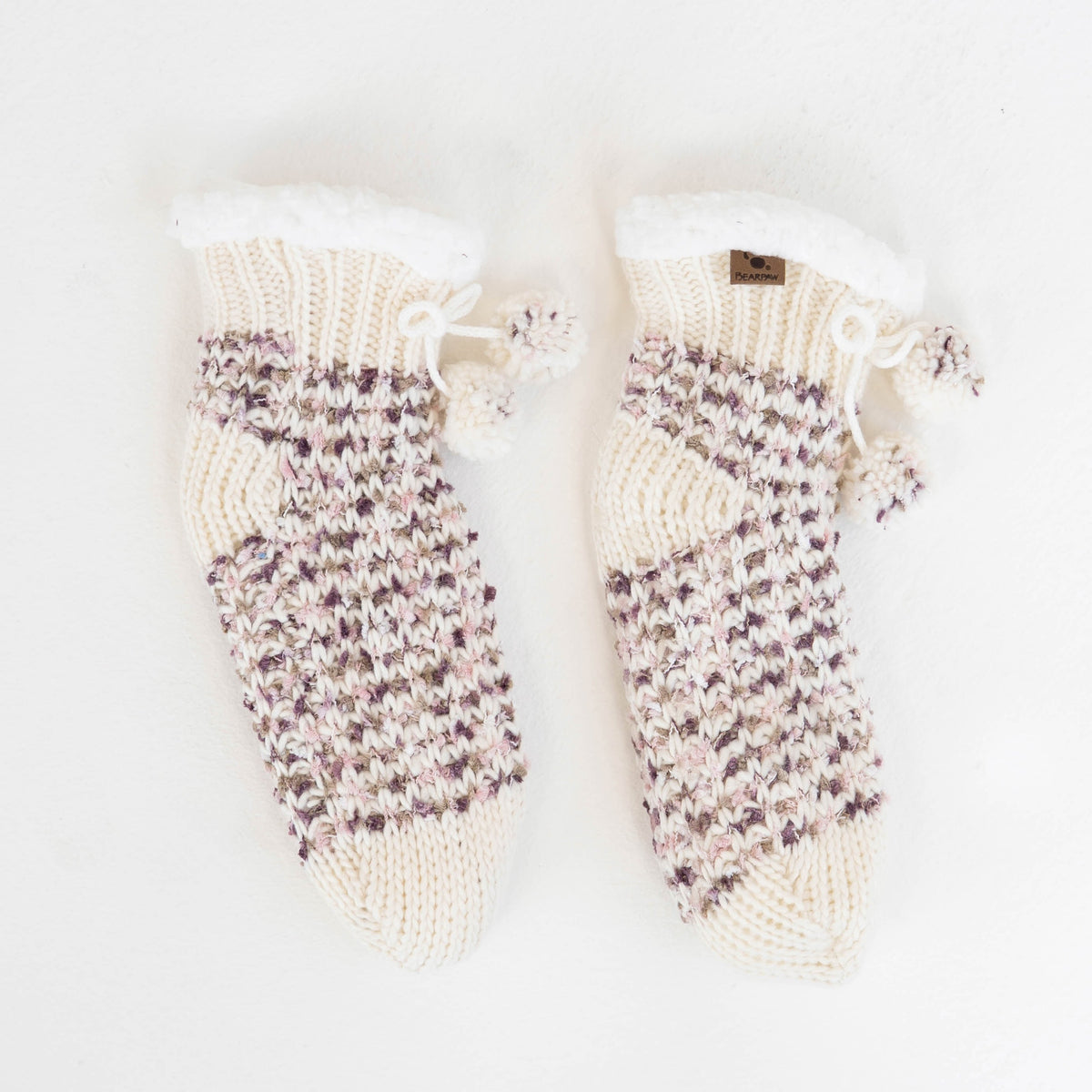 Cable Knit Pom Pom Gripper Slipper Socks in Lotus