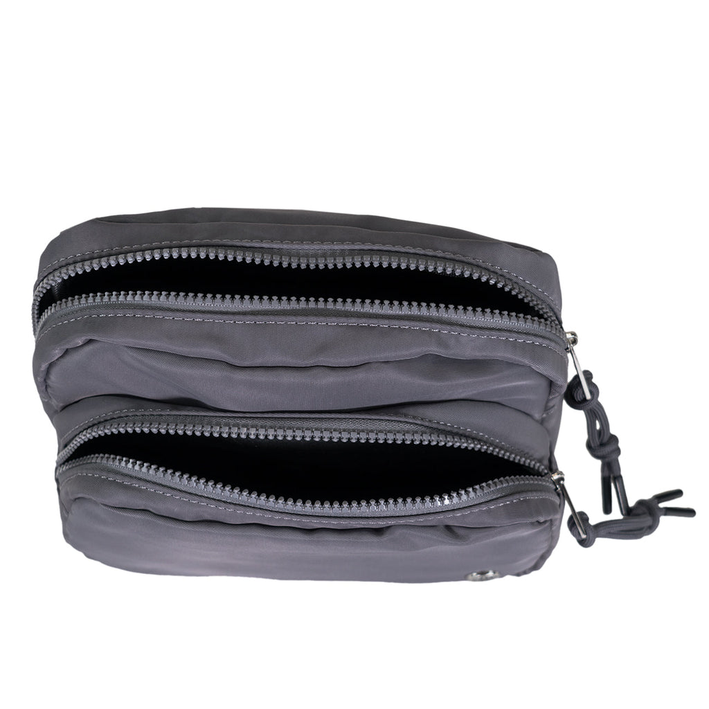 Square Double Zip Waist Sling Bag in Dark Gray